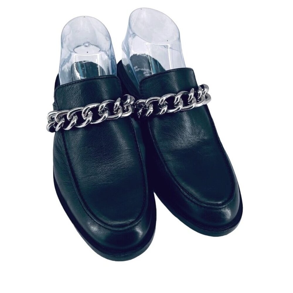 Free People Vida Mules 37 Black Leather Silver Link Chain Slip On Loafer